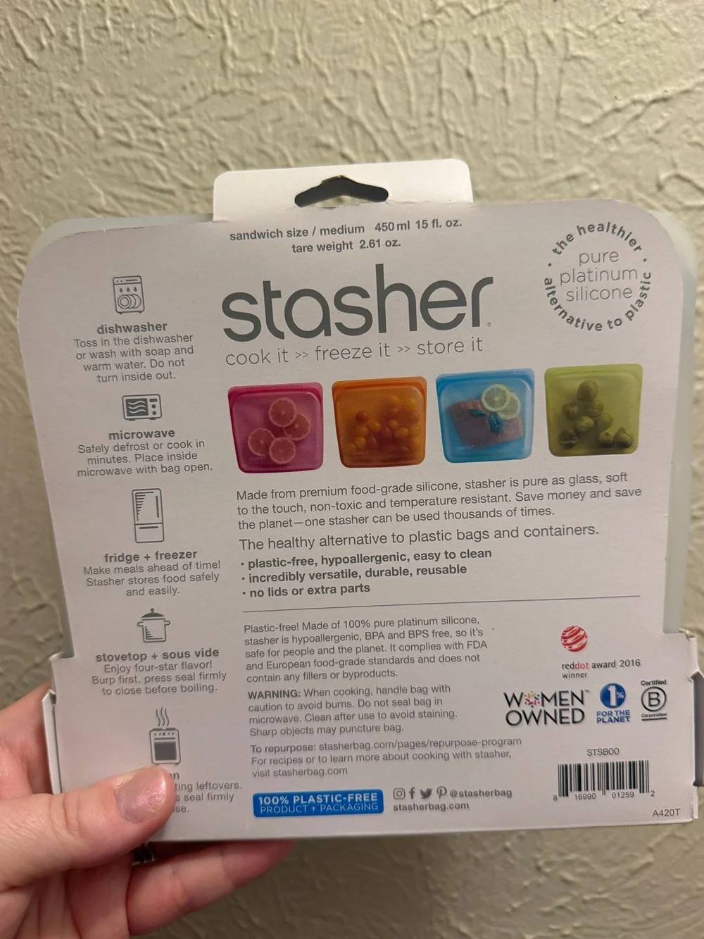 NWT Reusable Stasher Silicone Food Storage - Clear- Sandwich Size/Medium 450 ml